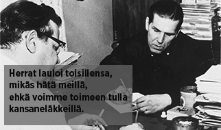 Suomalainen kupletti. Museoviraston kuvassa Kärki ja Helismaa. Sanat: Reino Helismaa